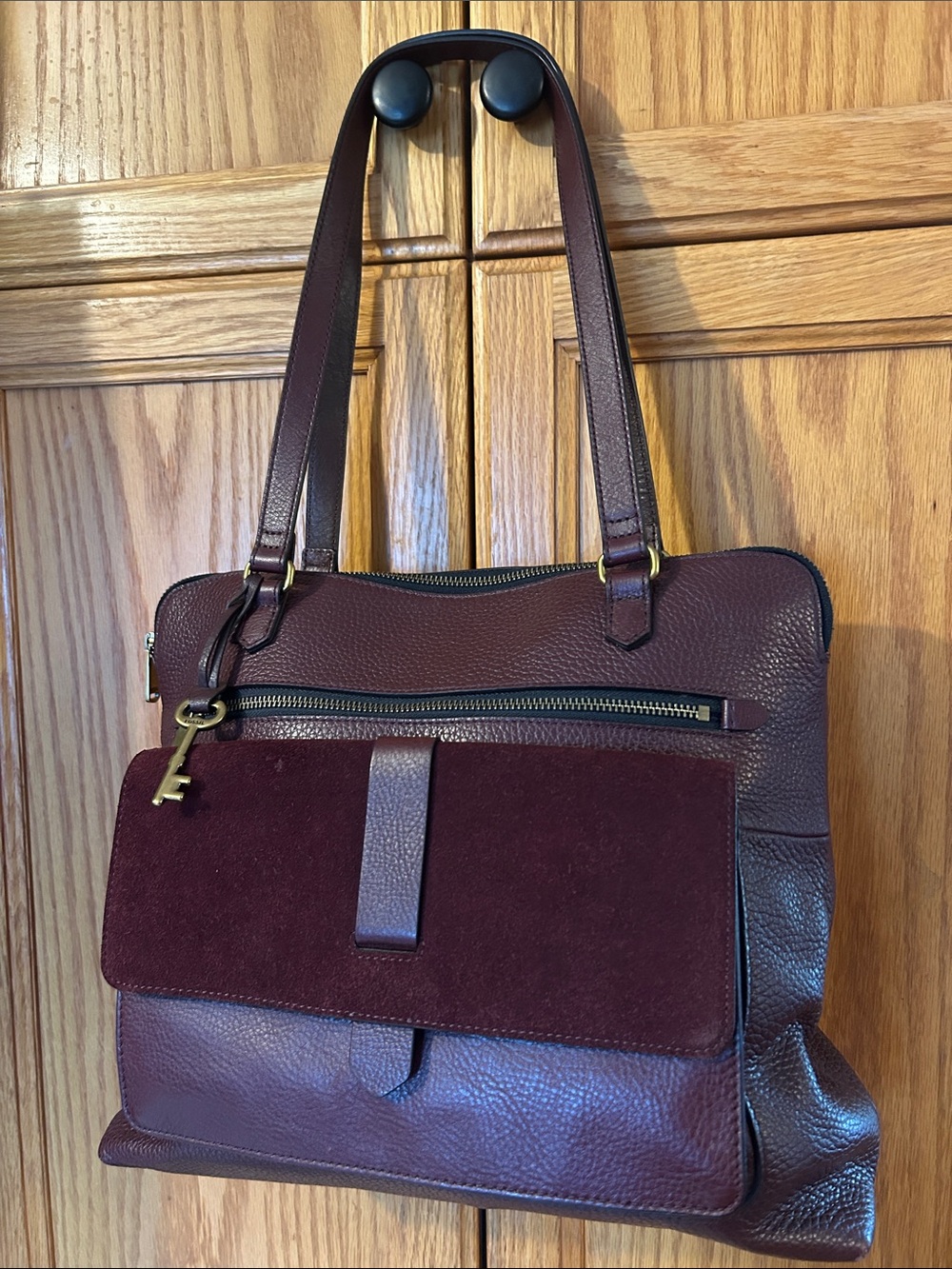 Fossil Burgundy Leather & Suede Shoulder Tote